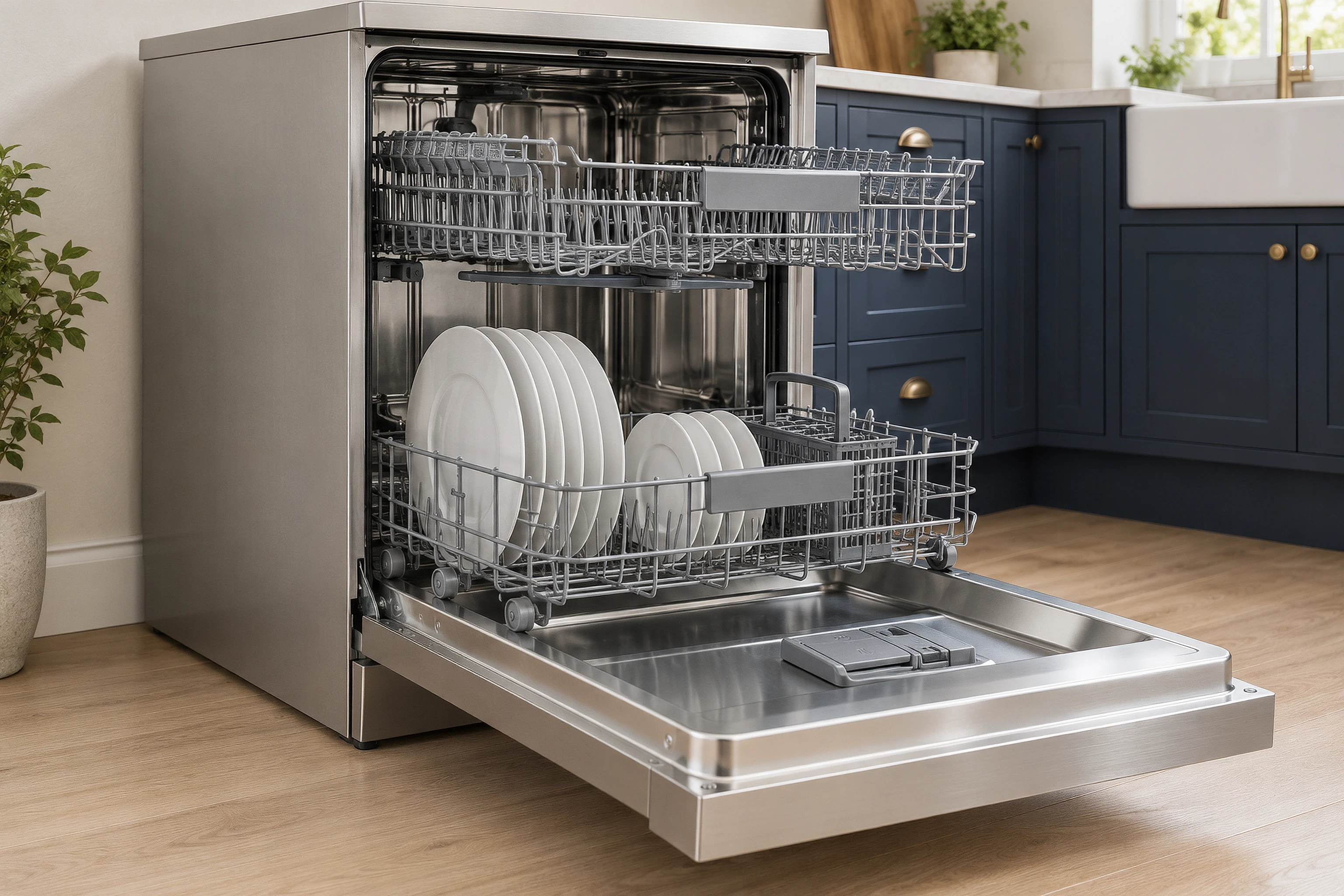 Illustrative dishwasher with correctly arranged open racks