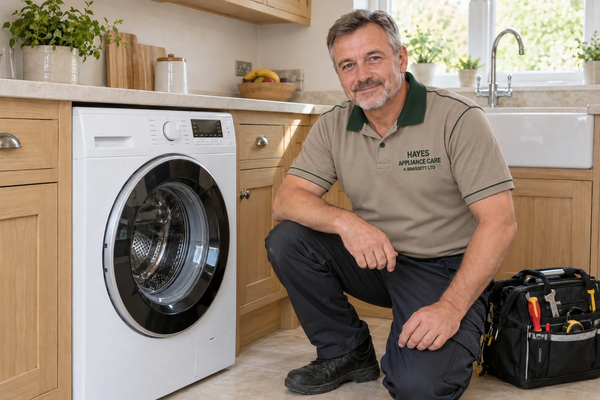 Illustrative engineer beside a washing machine